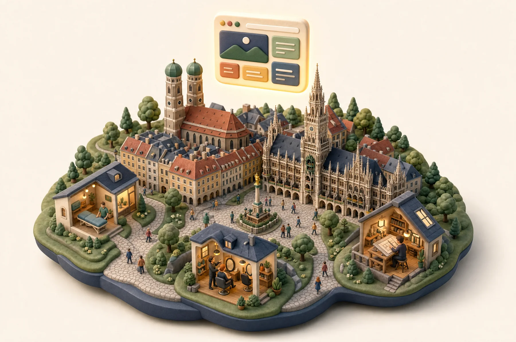 Miniatur-Diorama: München und drei Geschäfte, verbunden durch Wege, darüber ein leuchtendes Browser-Fenster