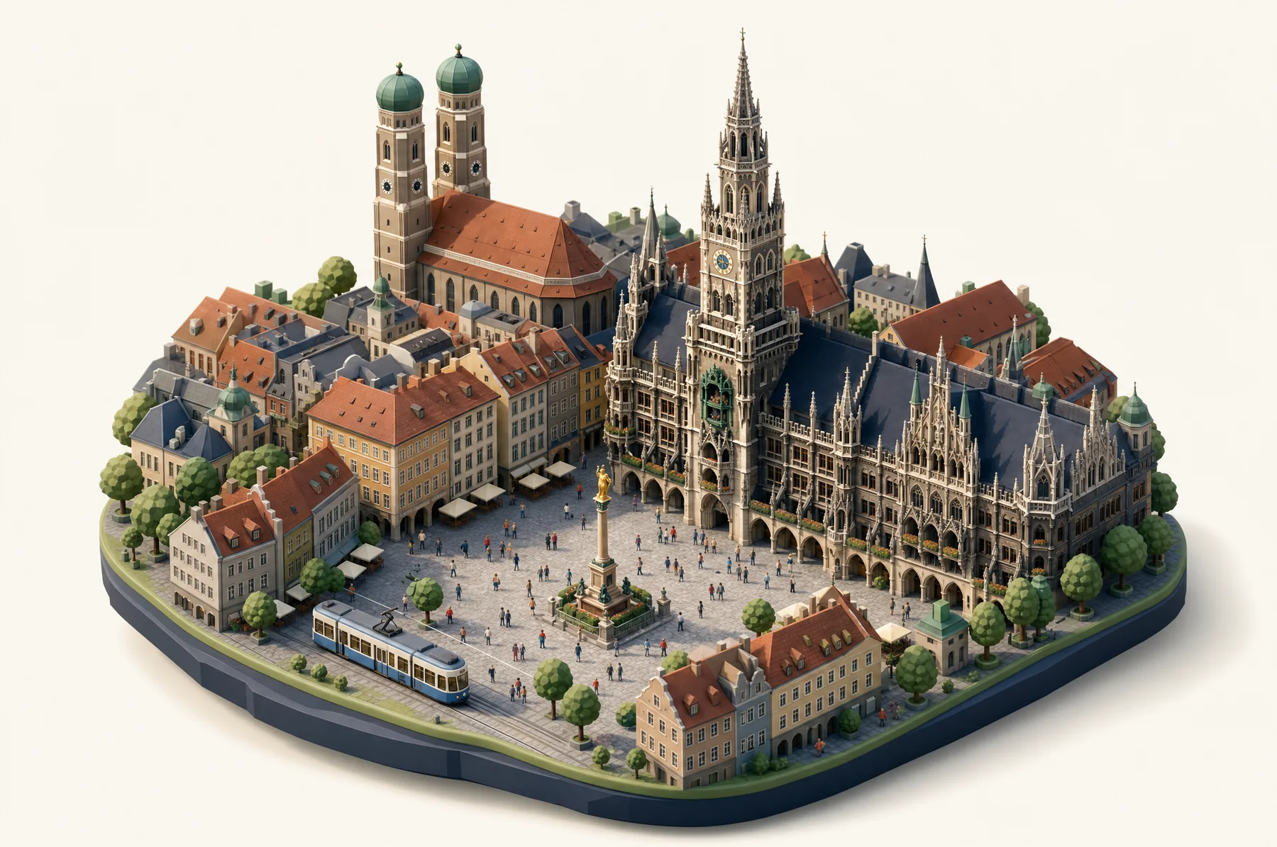Miniatur-Diorama des Münchner Marienplatzes mit Frauenkirche, Rathaus und Tram