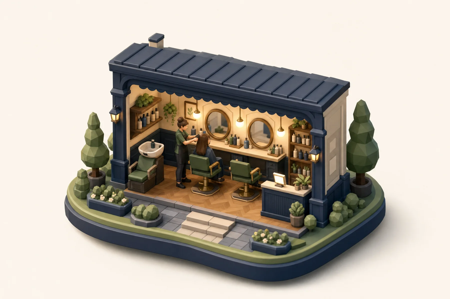 Miniatur-Diorama eines Friseursalons mit Buchungs-Screen an der Rezeption