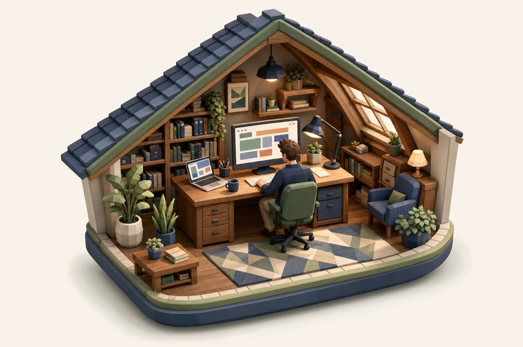 Miniatur-Diorama einer Dachatelier-Werkstatt mit Schreibtisch und Monitor